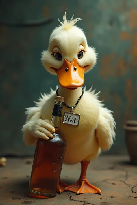 Picture of a drunk duck and he has name tag "net"around his neck. He is looking at the bottle with half closed eyes