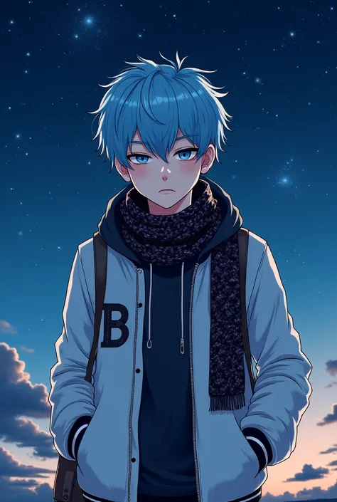  grumpy 18-year-old boy , Sabar, not irritable ,  his hair color is light blue ,  always carries earphones ,  likes a white jacket with the letter B ,  likes to wear black and white scarves ,  and really likes black coffee against the background of the sta...