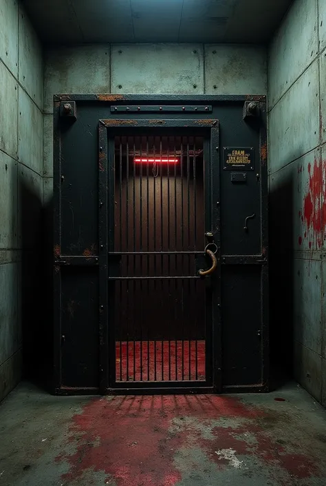  An immense cage in the center of a shady room ,  built with sturdy black iron ,  covered with deep scratches and burn marks .  The cell has only a single oscillating red lamp ,  concrete wall ,  The cold and rusty metal floor , with some corroded sections...