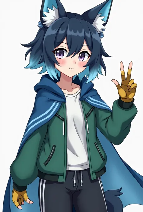 A girl, half eleven tails beast wolf demon, dark blue and light blue short hai with wolf ears, appear one tail, wearing white hadagi undershirt inside, blue cape, green jacket, yellow-black gloves that do not cover the fingers, black track pants, anime ver...