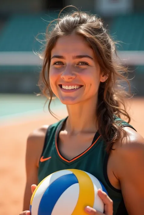 8K HD real photo. A bright white-skinned Dutch brunette smiles a sweet brunette. Wearing a volleyball jersey .  holding a volleyball .  Volleyball court place background  