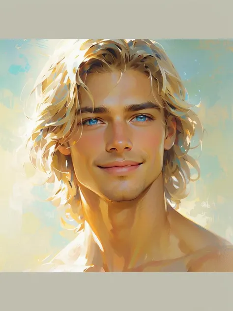 Detailed portrait in oil painting style, Handsome strong young beautiful blonde man, athletic build,Create a portrait of a humanoid android male with a muscular build and a warm, friendly expression. He has shoulder-length blonde hair and bright azure blue...