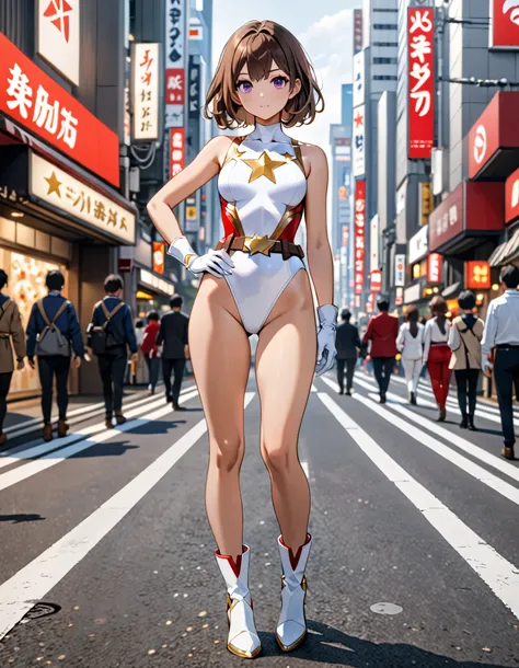 (masterpiece:1.2, best quality, high res, 4k, 8k), 1girl, adult, medium breasts, finger proportions coordination, cute and attractive woman, (leotard, white and red leotard, (white briefs:1.2), sleeveless), bare legs)), ((high-waisted belt:1.2, tight belt:...