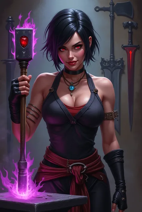 20s female blacksmith, red eyes, black short hair, mean face with a smile, sharp teeth, muscles, holding a black blacksmith hammer covered by purple flames with a red ruby on it in the right hand raised at head height, an anvil and the background with swor...