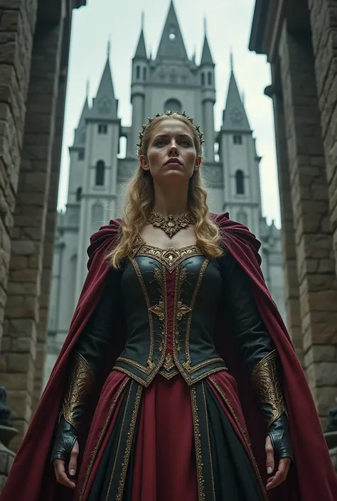   a woman dressed in her royal clothes ,  in a tall stone palace ,  with a defiant look thrown out , against the gray sky .  Her face is one of contempt ,  as if believing in her invulnerability .