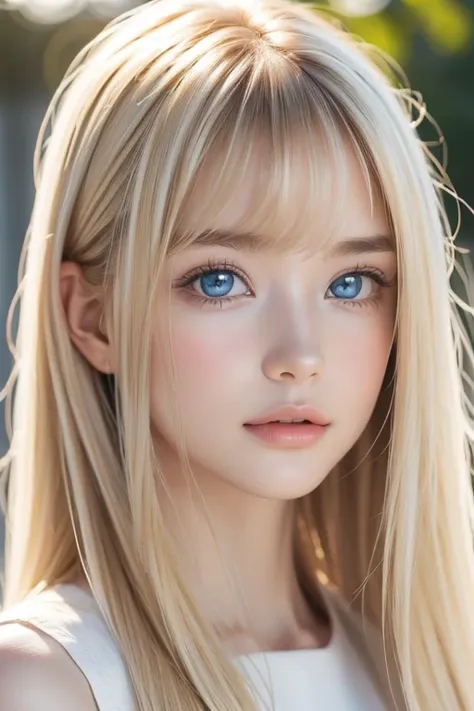 Very white, , the ultimate beautiful girl in the world 、Very beautiful baby face、 top quality、 super high resolution、( photorealistic:1.4)、(ulzzang-6500:1.0)、綺麗なbangs、顔の上のbangs、とても綺麗な美しい明るい blondeスーパーロングストレートヘアー、 very beautiful, extremely bright, and big p...