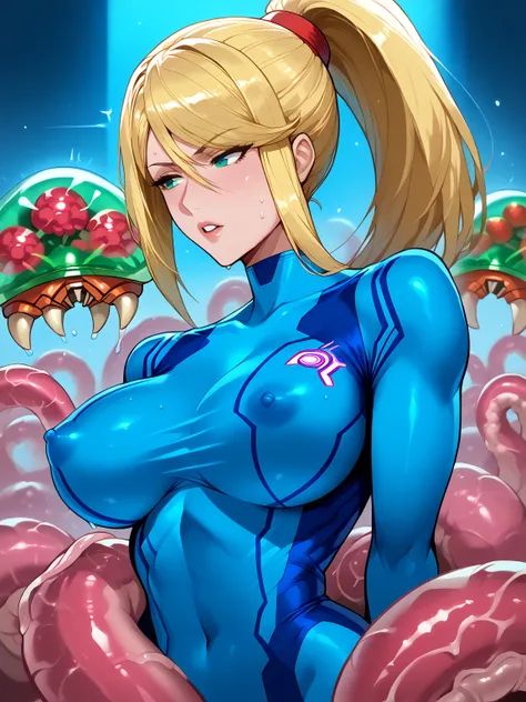  1 girl,Alone, zero suit Samus,Metroid, ponytail ,  blonde hair ,blue  BODYSUIT, BODYSUIT,,Sparkling,Sparkling clothes, slime  (substance), suppressed, Skin tight,sweat, tentacles cover nipples ,tentacles grab breasts , moans,(Metroid (Living things):1.3),...