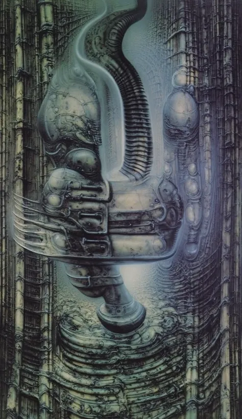 DARK BLACK COLORS, Giger_style, H. R. Giger's g1g3r, , Giger_style, The image is a detailed view of H.R. Giger's \" HRG Aleph \" plate, featuring ( The image depicts intricate, organic-like mechanical structures with a dark, metallic appearance, resembling...