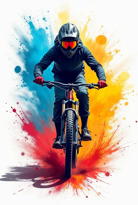 A dynamic digital painting of a mountain biker in action, wearing a helmet and goggles, surrounded by an explosion of vibrant paint splashes in shades of blue, red, yellow, and orange. The background is white to enhance contrast, and the style is a mix of ...