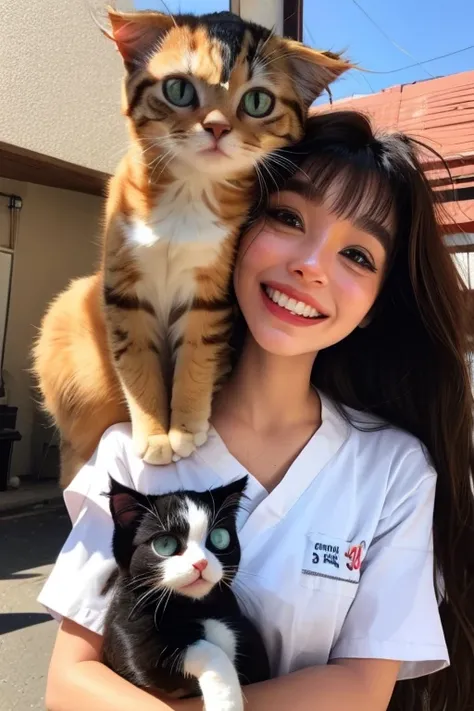 Create an image with cats and a veterinarian with bangs in her hair, with a happy face with the name DR MEOW VETERINARY CLINIC