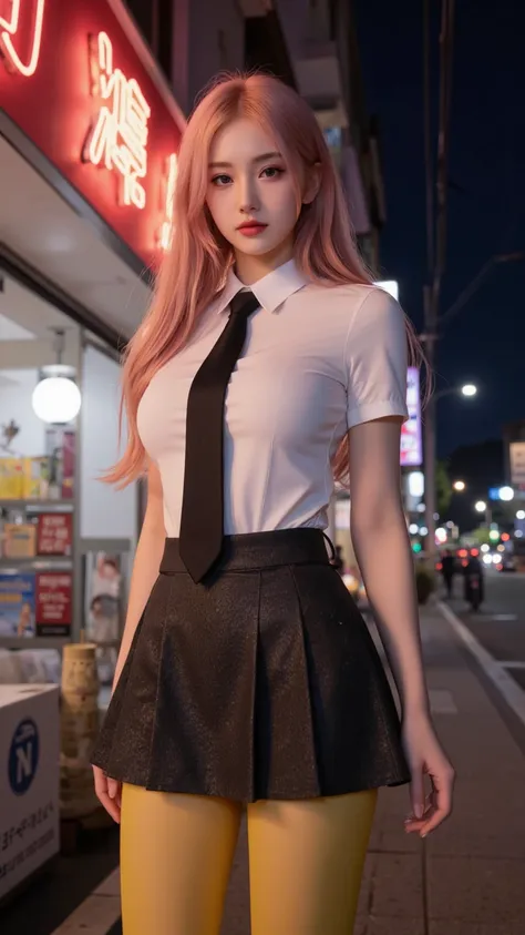 1 Girl,   long pink hair , Red Corner,  White collar shirt ,  black tie,  light smile ,  yellow pantyhose , Burning with desire_strength,, building,shop,Town Street,  dark sky , landscape, neon logo ,Night City, Japanese lyrics,, ,  absurd ,  eye for detai...