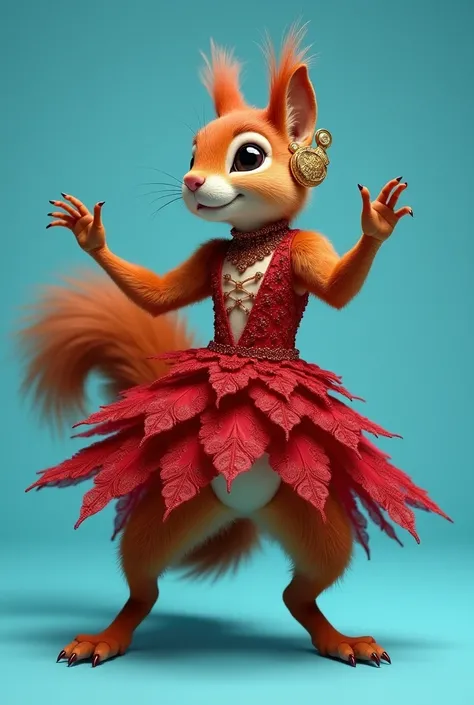  On a clear blue background, one fluffy ,  slim , red squirrel ,      she wears pure red with lace , stylish underwear ,  beautiful avant-garde style ,   extravagant dress,  with excesses on the bottom ,    in his ears are gold squirrel ring earrings in a ...