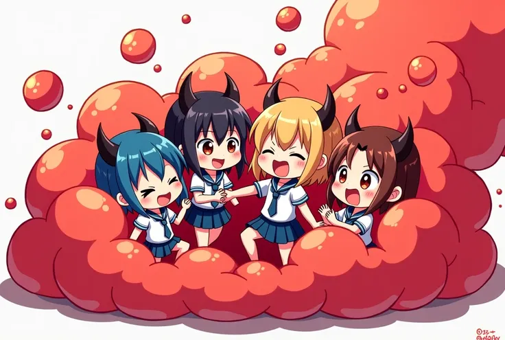 An anime-style illustration depicting many devil-girls playfully wrestling with each other inside a blood comical fight cloud.
each devil-girl has different colored hair.
their faces,hands,and feet are visible emerging from the cloud as they tussle humorou...