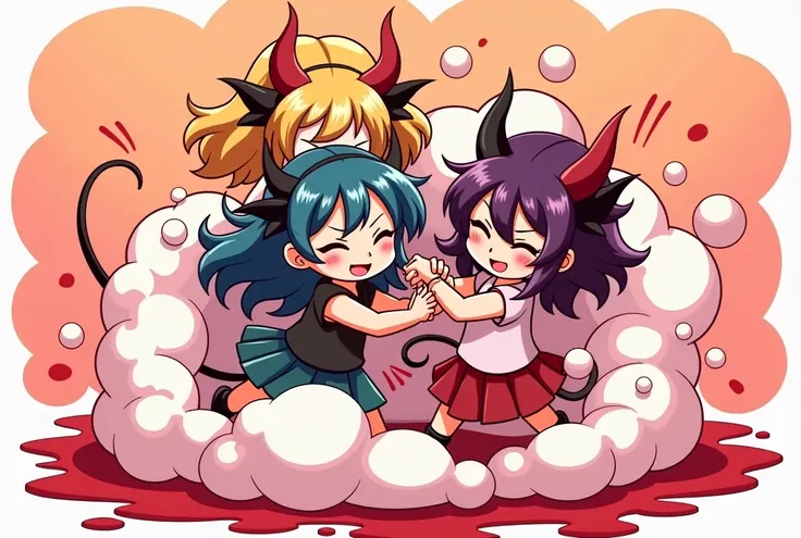 An anime-style illustration depicting many devil-girls playfully wrestling with each other inside a blood comical fight cloud.
each devil-girl has different colored hair.
their faces,hands,and feet are visible emerging from the cloud as they tussle humorou...