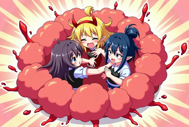 An anime-style illustration depicting many devil-girls playfully wrestling with each other inside a blood comical fight cloud.
each devil-girl has different colored hair.
their faces,hands,and feet are visible emerging from the cloud as they tussle humorou...