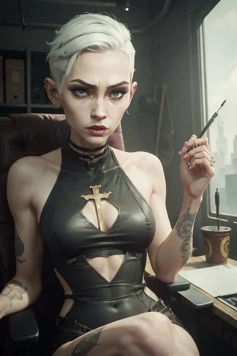 (Masterpiece:1.2, Best quality, cyberpunk), (real photo, Intricate details), (1lady, solo, Slender body, Upper body, small breast,)，old face  Experiment with appearance：Shave your head or white barbershop style short thick hair color, white hair, short hai...