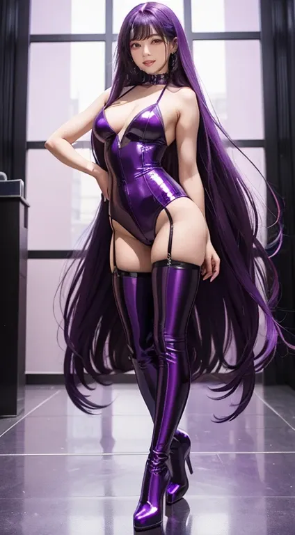   full body shot 、  standing、 Long Purple Hair 、     purple full length tights      ，   purple latex suit 、  Arafura purple thigh high boots  ,      purple shiny lingerie   , latex Shiny, Atsuko Kudo&#39; latex costume , Full body fairy,    purple latex co...