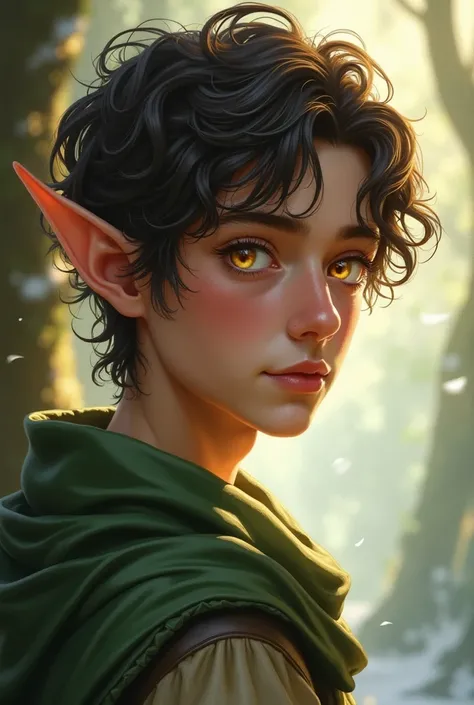 17-year-old elf boy , brown,  wavy black hair and golden eyes. 