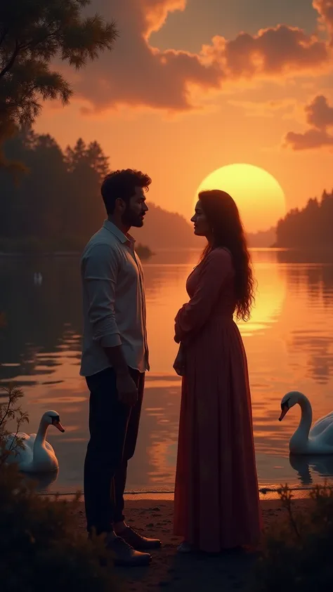 A sad 30 year old pakistani man and a sad pakistani woman crying for break up in relationship,saying goodbye to each otheron sea shore sad, with swan pair forest and sunset in background 