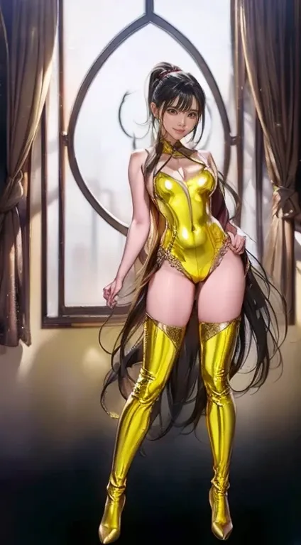   full body shot 、  standing、  Long Golden Hair 、  golden full length tights    ，  Gold latex suit 、  Araf is wearing gold thigh boots {x} Araf is wearing gold thigh boots,    Gold Shiny Lingerie   , latex Shiny,   Atsuko Kudo Wears Latex Costumes  , full-...