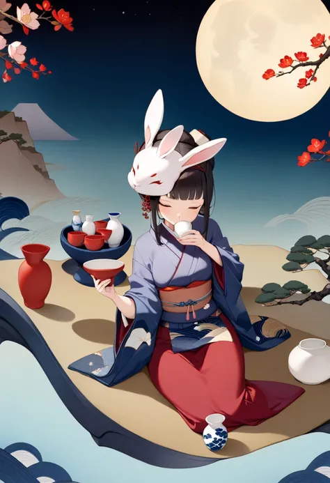 (masterpiece, best quality),(ukiyo-e style:1.5), subtle colors, post-grunge, concept art, paint splatters, intricate details. trends in art station, detailed depiction,(Kaguyahime and rabbits drinking sake at Tokkuri,sitting on moon surface), Japanese beau...