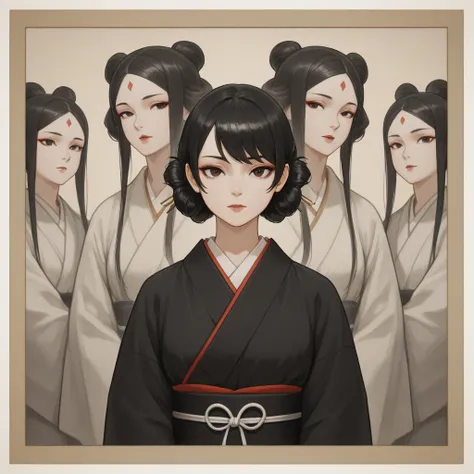 
A single, solemn woman with eight heads, inspired by the Japanese concept of “Happou Bijin” (literally “eight-faced beauty”). The central head has a neutral expression, while the seven surrounding heads, arranged in a circular formation, wear gentle smile...