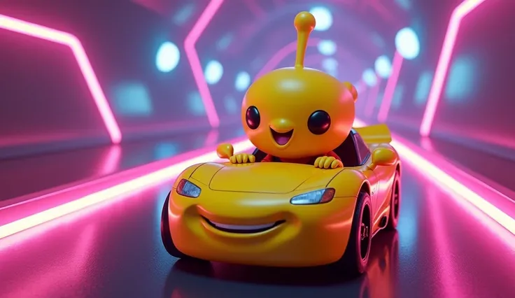 Create a highly detailed 3D-rendered image of a yellow alien-like character with a smooth, shiny surface, large black oval eyes, a small smile, and two antenna-like extensions on top of its head. The character is sitting inside the iconic McQueen car, posi...