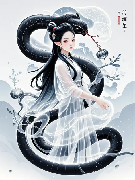 1girl, White Snake, Metallic, Hieronymus Bosch, Beautiful View, Behance, Clean Lines, Graphic Illustration, Collage Style, Various Elements of Gongyi, Gongyi Museum, Roselle, Flying Chart, Northern Song Hairpin Flower, Headdress, All Patterns Are PresenteD...