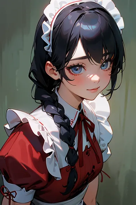 (    highest resolution   、   clear   、).Anime Eyes、   top quality  ,          single, ((   braids)).      one woman,  alone,  Masterpiece,              very detailed bust         ,            semi-realistic        ,               black hairのショートヘア,       ...