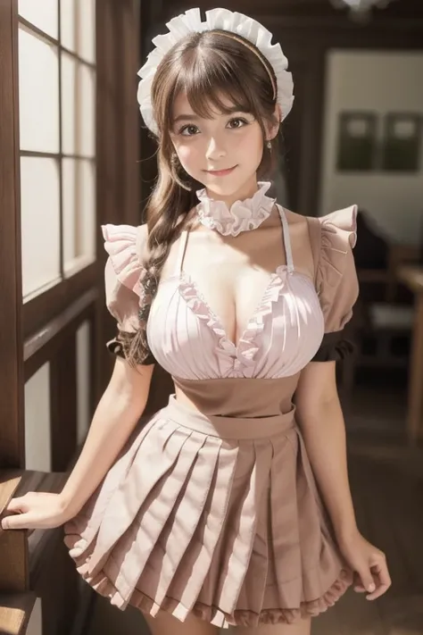 (One Girl), Brown Hair,  amazing face and eyes , Pink Eyes, Charming smile, (Frill Maid Cafe Costume,  pleated mini skirt :1.5), ( Wide Open Maid Cafe Costume:1.2), Exposed breasts, ( very pretty girls ), Brown Hair, Stylish hair accessories, (Best Quality...