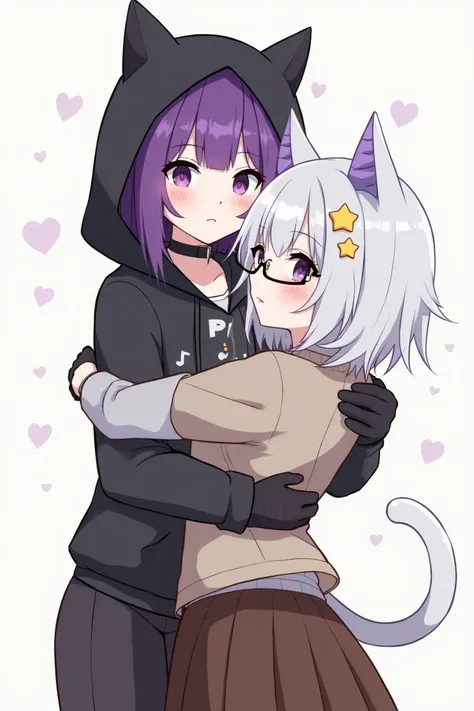 Woman with cat ears, short long hair, purple black hair, purple bangs, purple eyes, wearing a black hood with a white heart pattern in the middle of a black gray sleeve, wearing a black cat collar, a purple horn on the left, a black horn on the right, wear...