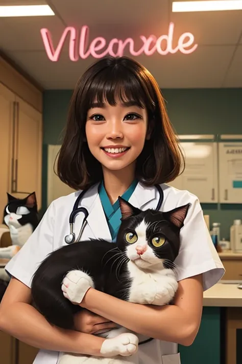 Create an image with cats and a veterinarian with bangs in her hair, with a happy face with the name DR MEOW VETERINARY CLINIC