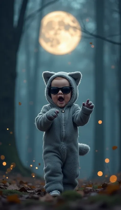 Create a magical scene of a  baby in a soft grey wolf suit, complete with fluffy ears and a little tail. Their black sunglasses add a cool touch as they perform a smooth baby dance, moving their tiny hands like a little howling wolf.

The background is a b...