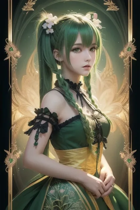 (Masterpiece,  top quality,  best quality ,  Official Art,  beautiful and aesthetic:1.2), ( 1 girl:1.3), ( Fractal Art :1.3), card, Tarot,  green hair,  twin tails,  hair flower, ( good lighting :1.1), (( high resolution)), Tarot card style