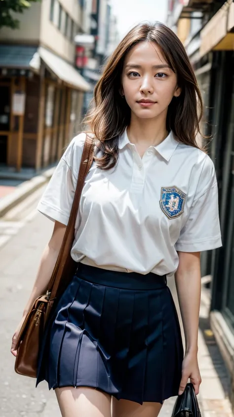 a beautiful 18 year old Japanese high school girl with perfect anatomy, healthy thighs, beautiful legs, beautiful skin, random hair color and style, large breasts, (wearing a Japanese schoolgirl uniform:1.3), (she is standing:1.2), penny loafers, holding a...