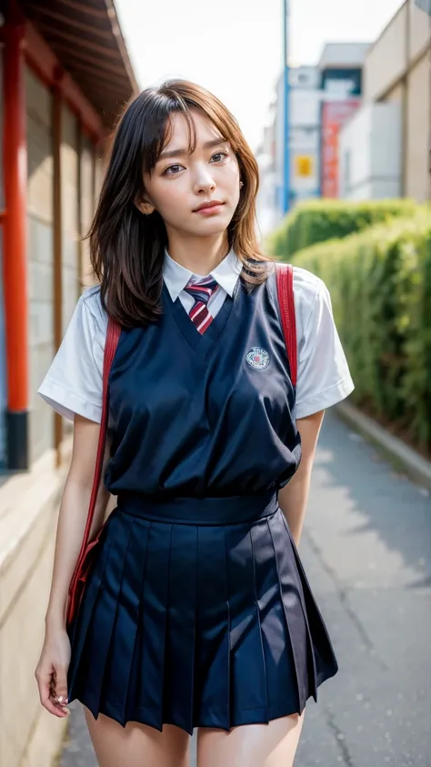 a beautiful 18 year old Japanese high school girl with perfect anatomy, healthy thighs, beautiful legs, beautiful skin, random hair color and style, large breasts, (wearing a Japanese schoolgirl uniform:1.3), (she is standing:1.2), penny loafers, holding a...