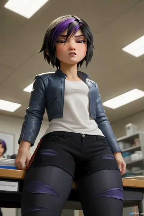 Gogo Tomago, denim jacket, a white blouse, pants down to show sexy purple pussy,  annoyed, lowers his pants, sitting at a table, flushed, POV: I look at her, in a lab, caderona, from below, bragueta abierta