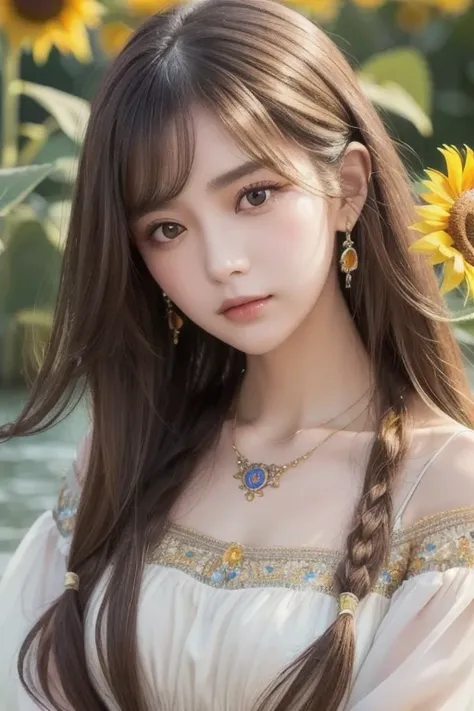 (  Absurdly ,  High Quality  ,  Ultra Details  ) ,( Handmade ) ,  1 girl, Alone,  mature,  touch very long hair , Sunflower Hair ,  The beautiful crystal eye in the upper left corner  ( Eye details ) Baroque,  necklace,  long dress ,  Long Sleeve ,  elegan...