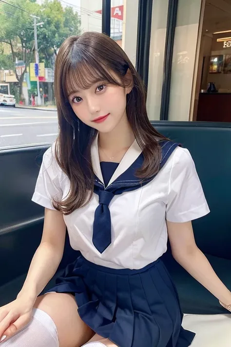 top-quality,ultra-detailed,​masterpiece,realistic,Photo Real,Bright lighting,1 girl in, an extremely beautiful 17-year-old girl, (kawaii:1.2),Thin smile, (Brown eyes),(brown haired),(bangss),perfect glossy skin,flawless skin,((erotick,Sexy and sexually exp...