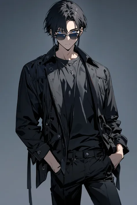 handsome, solo, 1boy, short hair, (medium long sidelocks hair), black hair, blue eyes, (sunglasses),black shirt, black jacket, open jacket, black pants, (cowboy shot), full body, expressionless, looking at viewer, simple background, (masterpiece, best qual...