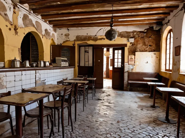 the interior of a dirty and dilapidated churrería with chipped walls in an old town in Spain