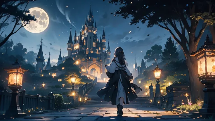 A dark-haired girl walking through a castle garden on a full moon night