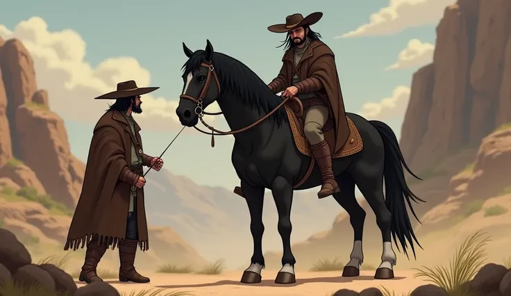 animation A bandit, dressed in rugged clothes, riding a black horse, stops near her.
The bandit looks concerned and steps down from his horse. animation