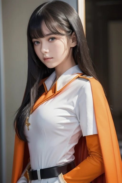  white 17-year-old girl with long black hair is wearing a military uniform,  Orange Cape , Big hazel eyes,  Science Fiction , Dark mood, charturnerv2