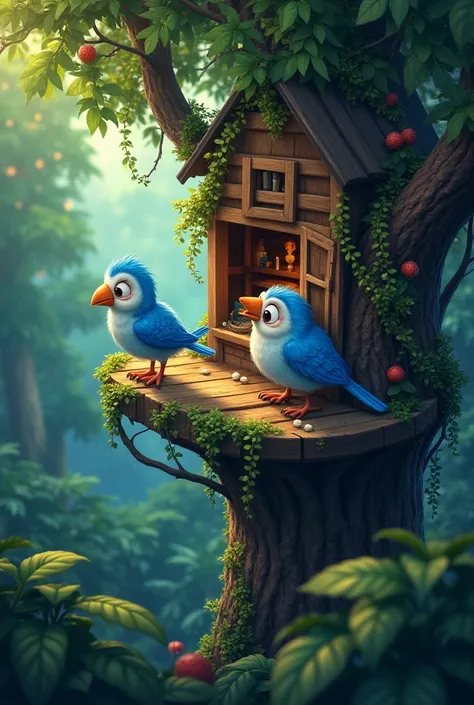 Pip(blue bird)live in a dark jungle and there is a small house on the tree. Pip live I this house. Generate consistent character of pip 