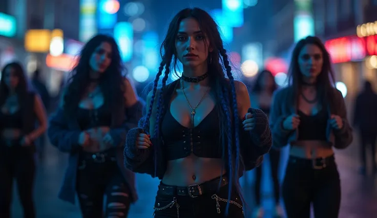 local illuminated, NIGHTLIFE AVENUE OF A METROPOLIS ,  group of young white women with long black hair and sexy blue braids FLOATING AND dancing in dark blue clothes, black leggings, low waist,  extremely tight and ripped pants, I feel black punk style bel...