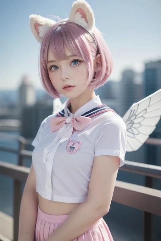  ski style,  One Girl , Alone,  pink hair,  animal ears ,  blue eyes, Wings,  looking , bangs,  short hair, bow,  sailor color , white  sailor color , hair bow, pink bow,  Closed Her Mouth ,  shirt, white  shirt, bear ears,  bob cut, Mini Wing,  portrait, ...