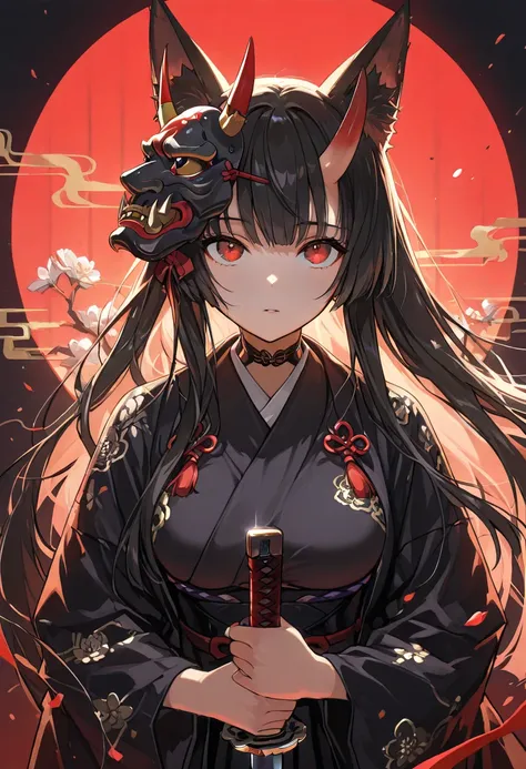 masterpiece,best quality, medium breast, ultra-detailed, detailed hair, 1 lady, fox ears, wearing oni mask, medium shot of japanese samurai fflix-geisha, beautiful , looking up, horned oni mask, iron armour, black silk robe, soft lighting, film grain, from...