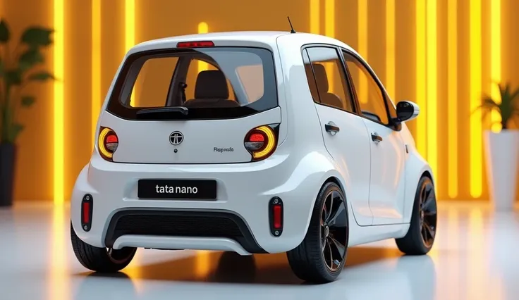 create an ultra-detailed 3D render straight Back view, of a Classic (2025 tata nano ) with a bold design captured from straight backview. The car should feature a 'Gleamy  (white)color with a (2025 tata nano  )logo on its front, a large white detailed gril...