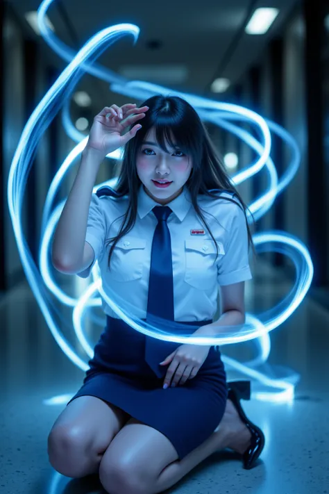  Beautiful Japanese Woman stroking her bangs ,  I'm wearing a self-defense officer uniform,  wears a white short-sleeved shirt ,  navy blue tie ,  navy blue pencil skirt,  creates a continuous loop of light ,  long hair,  Hair, bangs, Beautiful Hips,   bea...